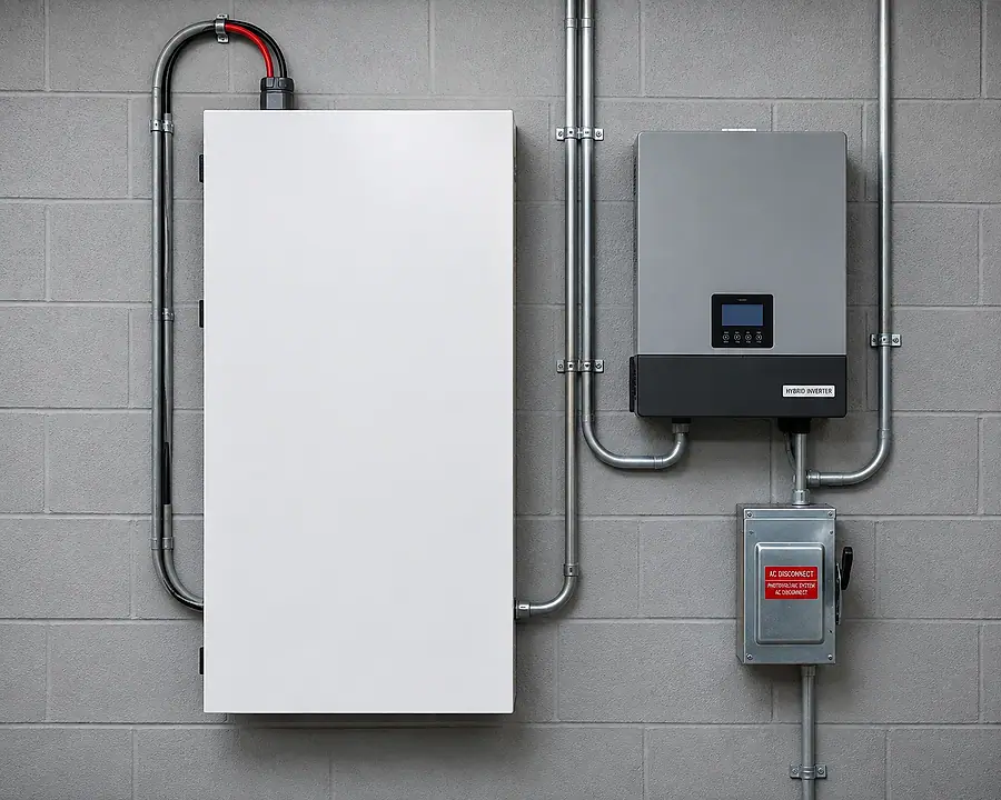 A white home battery cabinet and hybrid inverter mounted side by side on an exterior wall with conduit runs.