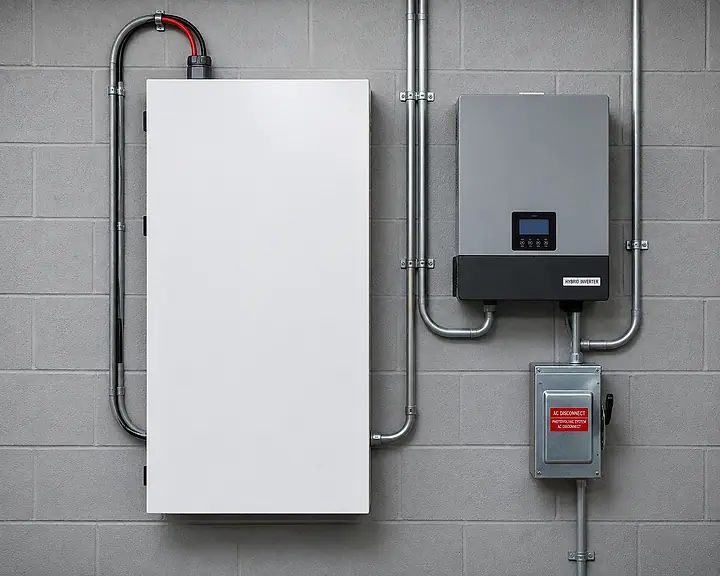 A home battery and inverter mounted on an exterior wall.