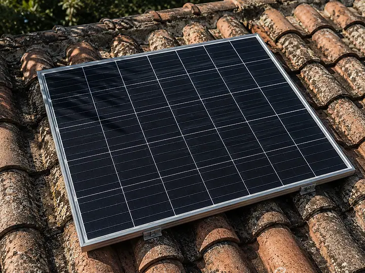 A solar module mounted on a terracotta tile roof.