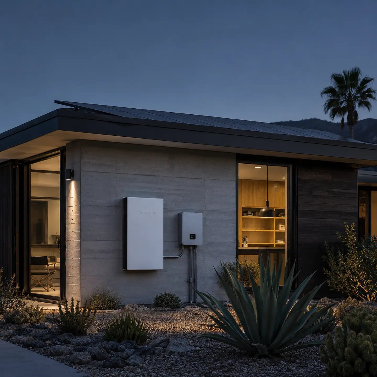 A modern single-storey home at night with a wall-mounted battery and inverter lit beside the entrance.