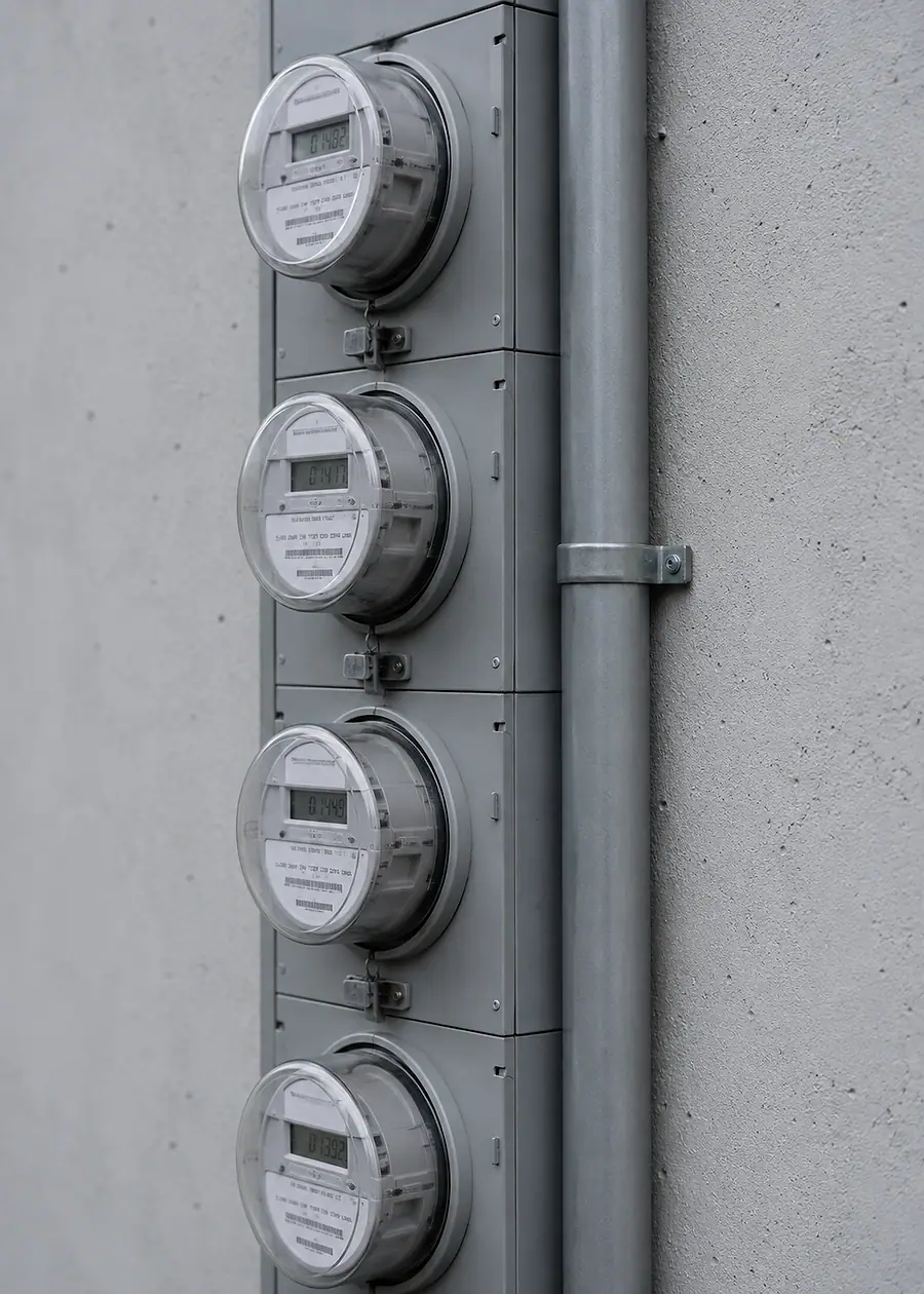 A vertical bank of four utility electricity meters mounted on the exterior wall of a building.